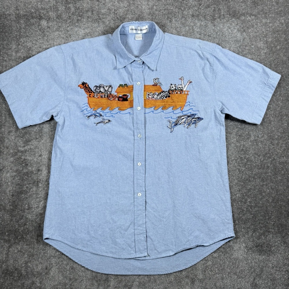 Casey Coleman Shirt Women's Large Blue Embroidered Noah's Ark Short Sleeve